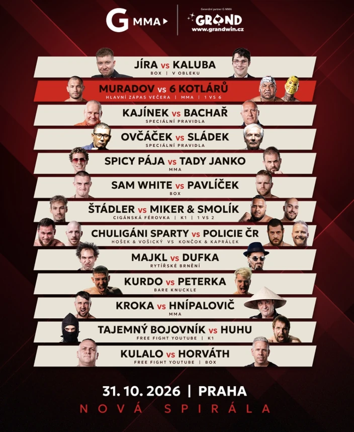 Aktuální G MMA 1 Samhain fight card: 13 zápasů v pražské Nové Spirále 31. října 2026